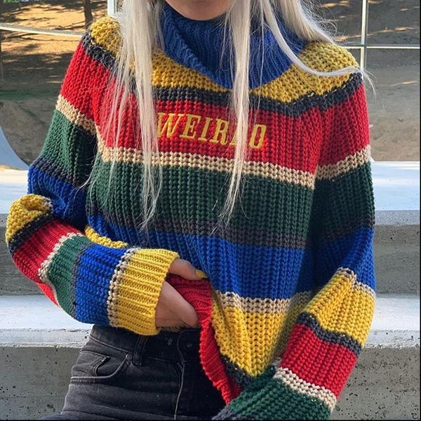 

harjuku contrast stripes roll womens sweaters turtle neck knitted jumper turtleneck with embroidery weirdo oversized for women, White;black