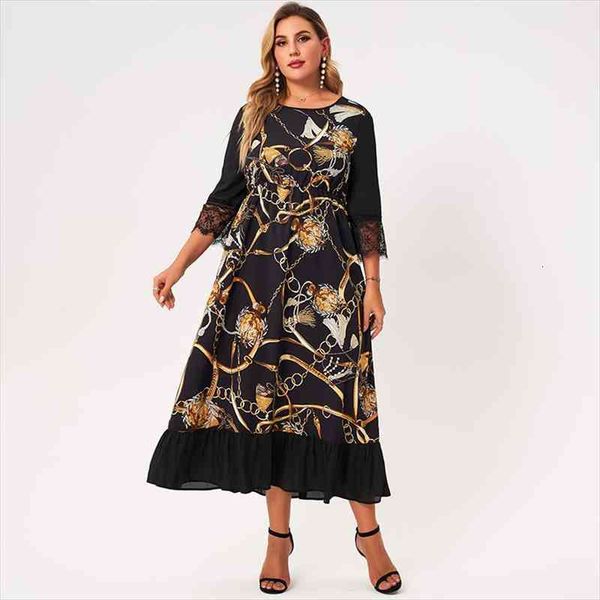 

summer maxi dress women plus size black lace patchwork 3 4 sleeve golden chain printing ruffle hem loose vintage robes, Black;gray
