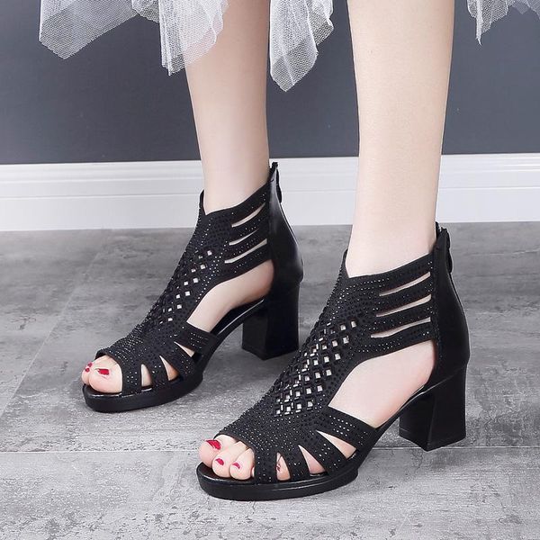 

genuine leather sandals women summer shoes fashion ladies high heels woman party square heel 6cm yx2311, Black