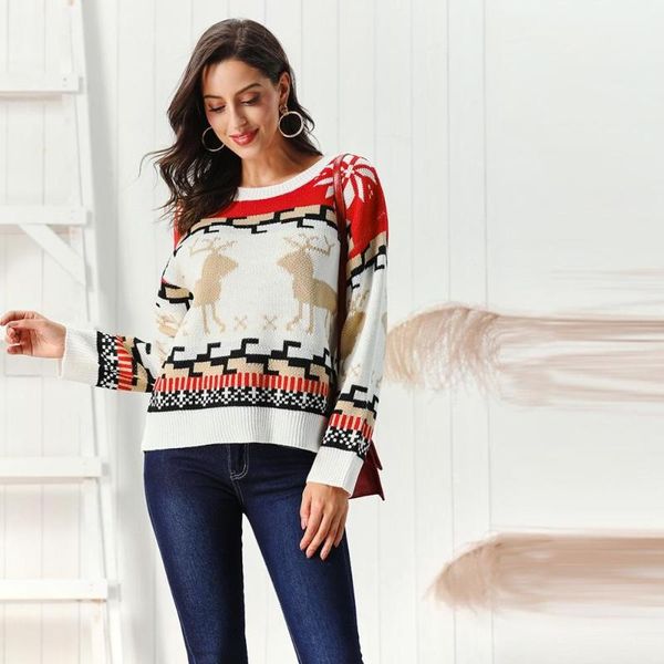 Frauenpullover Frauen Weihnachten Lustiges geometrisches Muster Oansatz Pullover Elch Schneeflocke Pullover 2021 Mode Herbst Warm Langarm Oberbekleidung