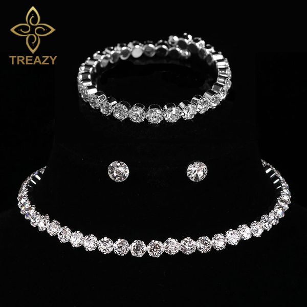 TREAZY Set di gioielli da sposa in cristallo circolare color argento perline africane con strass collana da sposa orecchini bracciale set per le donne