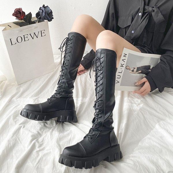 

boots 2021 chunky platform black pu leather knee high woman thick bottom shoes autumn winter fashion lace up long
