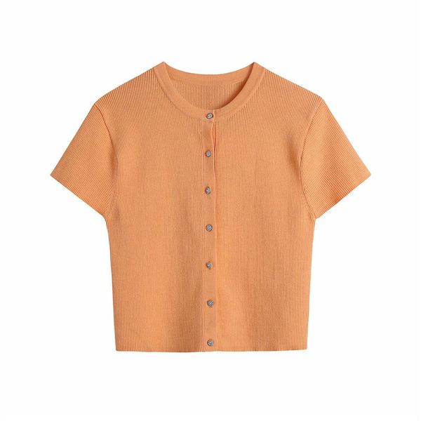 Evfer Women Fashion Jewellery Button Za Orange Short Cardigan lavorato a maglia Top Girls Casual O-Collo manica Spring Maglione Chic 210421