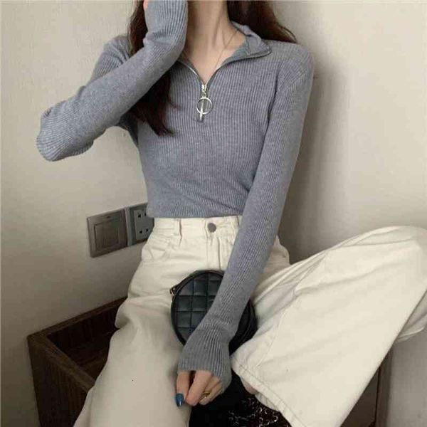 

pulls femme automne hiver pullover basic ribbed sweaters cotton knitted solid mock neck long sleeve women sweater, White;black