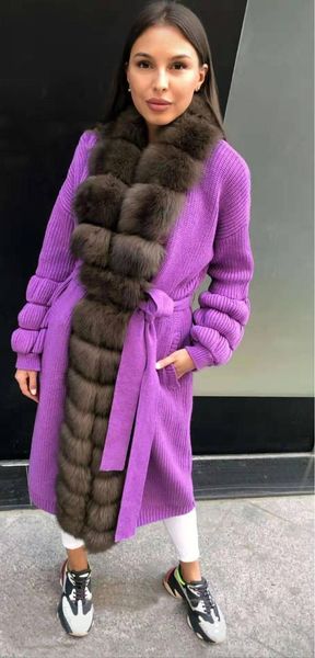 

women's fur & faux russian 2021 warm winter long belted outerwear for women plus size natural real collar knitted sweater cardigan, Black