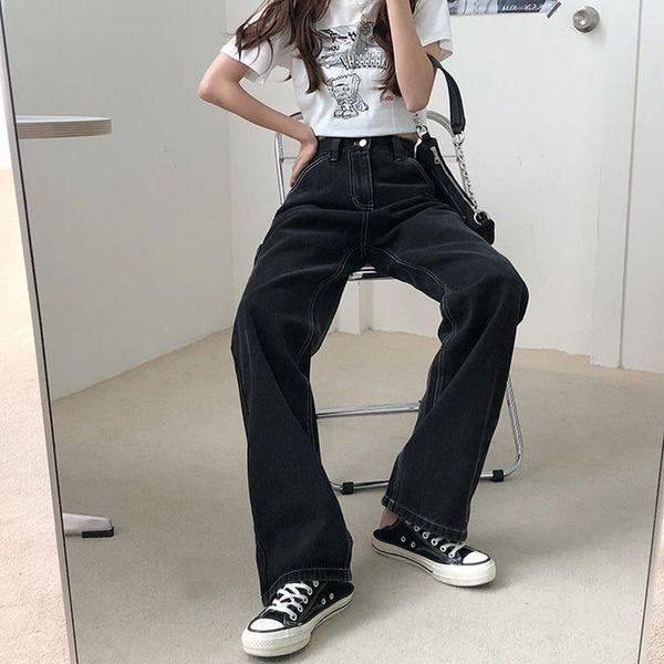 

2021 new for back loose high waist mom large size straight pants long wide leg women jeans streetwear, Blue