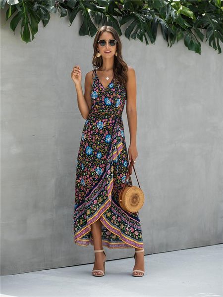 

casual dresses beach summer floral print women dress 2021 vintage ruffle a-line long v-neck suspenders ladies boho vestidos, Black;gray