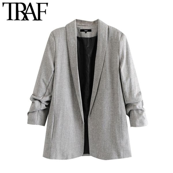 

traf women fashion office wear blazer coat vintage notched collar pleated long sleeve female outerwear chic 210930, White;black