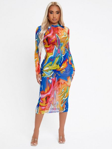 

sxy marled print sheer mesh bodycon dress w3vq#, Black;gray