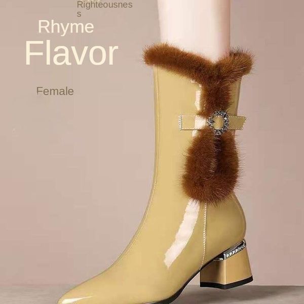 

boots fashion women shoes mid-tube winter plus velvet thickening fur all-in-one snow botas de mujer, Black