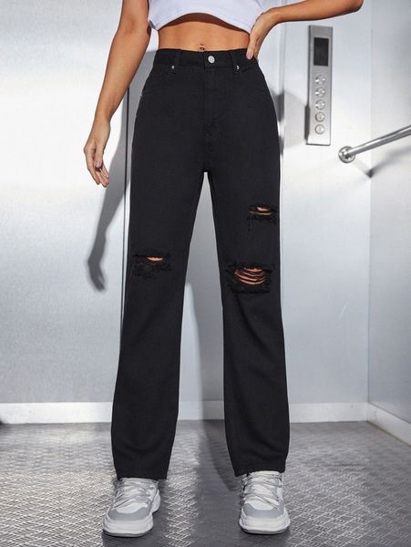 

ripped frayed straight leg pants s6qx#, Black;white