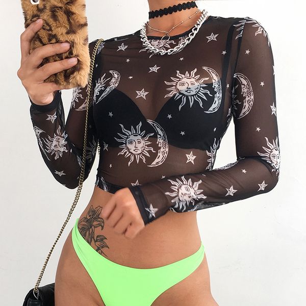 

tee black sun graphic star printing shirts women harajuku mesh neck long sleeve see through the 2021 summer fashion, White