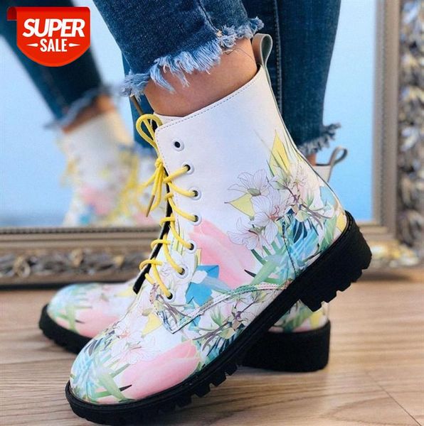 

women's shoes european and american personality printed lace-up martin boots round toe low heel 43 size #t26f