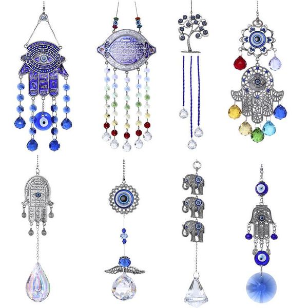 

lucky hamsa turkish blue evil eye crystal charm suncatcher pendant wind chime amulet home wall garden hanging decoration decorations