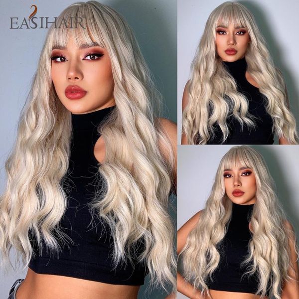 

synthetic wigs easihair long wig with bang light blonde platinum water wave natural hair heat resistant fiber for women daily cosplay, Black