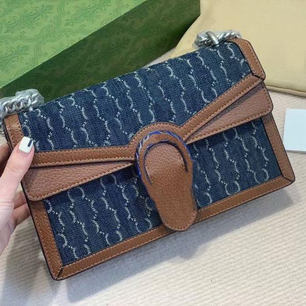 Denim Bacchus Omuz Çantaları Kadın Moda Retro Zincir Crossbody Çanta Tasarımcısı Çift Kaplan Kafası Buckleflip Küçük Kare Paket Çanta Tasarım Çantası