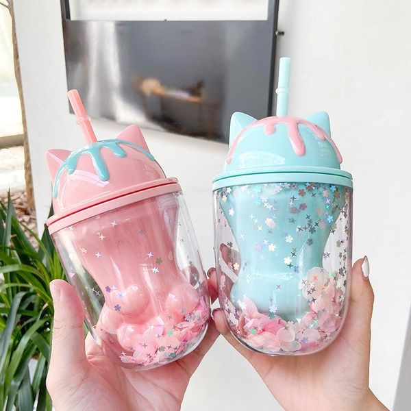 

mugs cute water bottle personality cat plastic cup cartoon ins po posing creative straw gift office school home