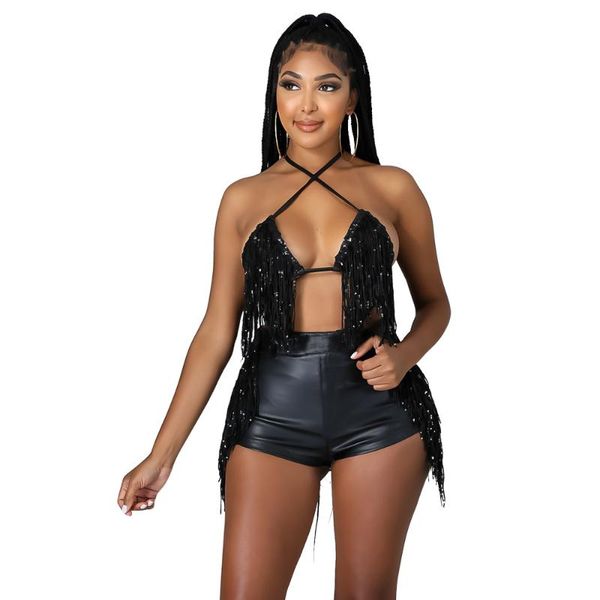 

women's tracksuits 2021 summer fashion bead tassel neck strap short with hip wrap triangular shorts set cy9214, Gray