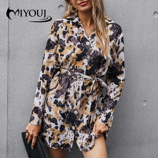 

casual dresses miyouj print ladies short dress 2021 women long sleeve button belt shirt female, Black;gray