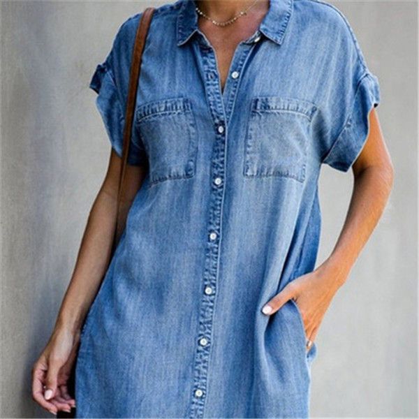 

ladies short sleeve pockets cardigan single breasted denim dress women summer loose knee length party beach dresses, Black