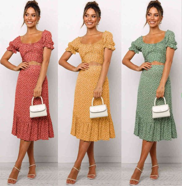 

women's sweaters floral high waistband short sleeve t-shirt mid length skirt two piece, White;black