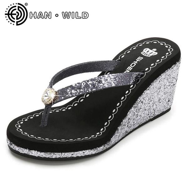 

dress shoes summer fashion women's sandals rhinestones flip flops high heel platform women wedges beach for, Black