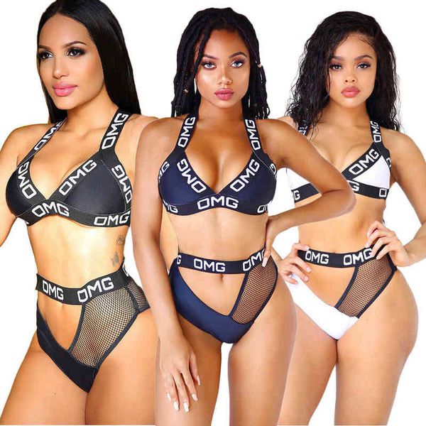 

ls6130 color women's solid split letter bikini two piece suit, Black;white