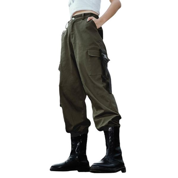 

women fashion solid color harem cargo pants ribbon pocket buckle side trousers girls summer casual streetwear women's & capris, Black;white