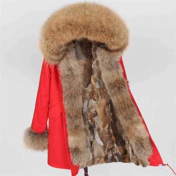 

winter women real fur coat long rabbit fur lining hooded parka large raccoon fur collar warm coats star same style 210826, Black