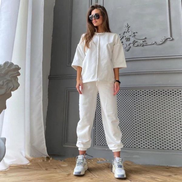 

women's two piece pants sweatsuit loose summer suit short sleeve women pullover and white 2 set 2021 lounge wear conjuntos mujer outfit