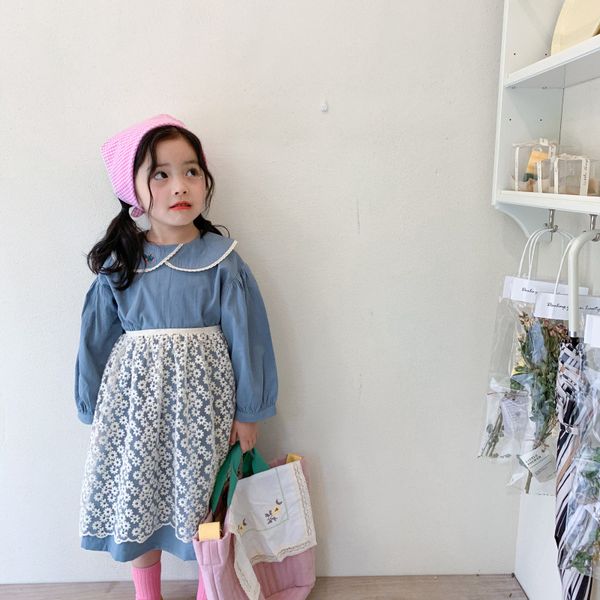 

spring korean style girls princess dress with lace apron long sleeve cotton and embroidery pinafore sets 210508, Red;yellow