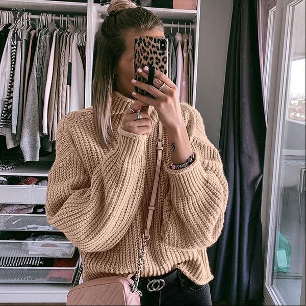 

khaki turtleneck women sweater autumn winter long sleeve jumper knitted loose fashion pullover femme, White;black
