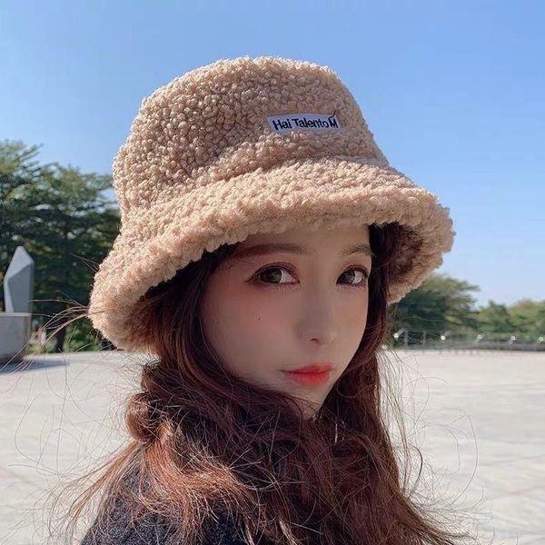 

stingy brim hats 2021 winter lambs wool hat outdoor thick plush basin fishing warm panama hip hop embroidered bucket, Blue;gray