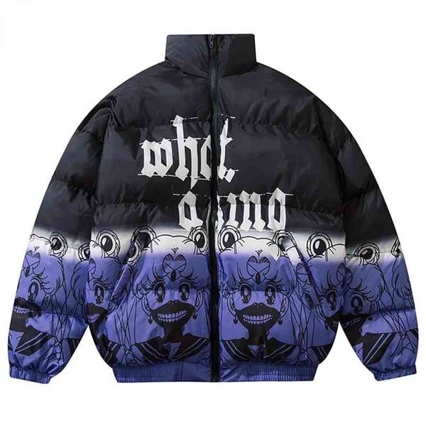 

cartoon girl printed parkas men winter warm hip hop streetwear parka mens harajuku oversized color block padded et coats, Black;brown