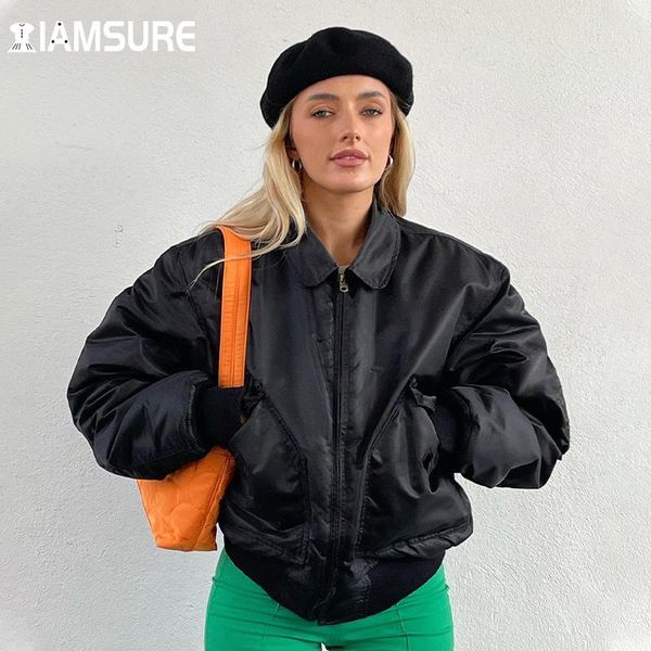 

women's jackets iamsure basic solid casual streetwear fashion turn-down collar zipper long sleeve coats women 2021 autumn winter, Black;brown