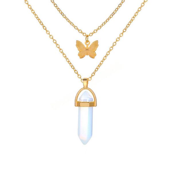 

elegant hexagonal column necklace for women natural stone butterfly crystal necklaces choker fashion jewelry, Silver