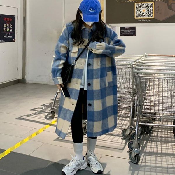 

women's wool & blends vintage chic loose length side slit woolen cloth coat women fashion tide temperament blue plaid streetwear mujer, Black