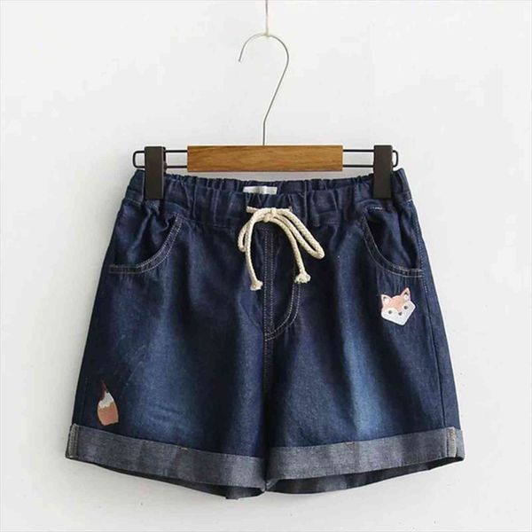 

summer mori girl casual sweet womens shorts cowboy cute fox embroidered drawstring pocket denim female vestido z109, White;black