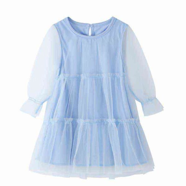Jumping Meter Atmungsaktives Kleid für Mädchen mit Netzgarn, einfarbig, Rundhalsausschnitt, Baumwolle, Kinder, Herbst, Langarm, für himmelblaue Kleider G1215