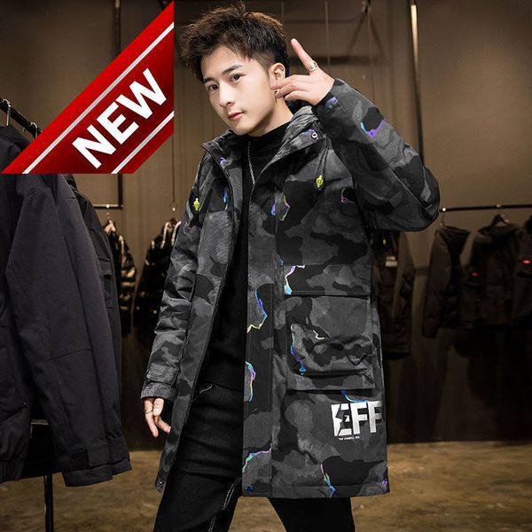 

white duck down] winter down jacket men's medium long thickened handsome student cold resistant warm loose trend coat, Black