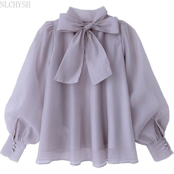 

women's blouses & shirts stand collar puff sleeve chiffon shirt autumn japan style all-match women blouse chic bow drawstring, White