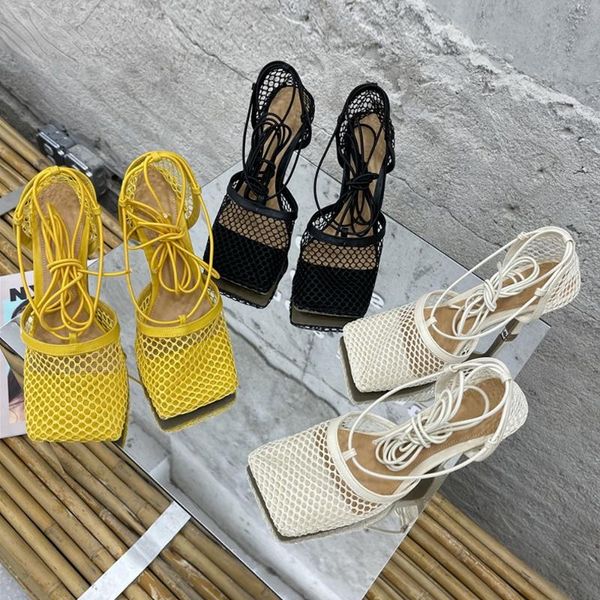 

dress shoes 2021 yellow mesh pumps sandals female square toe high heel stiletto hollow lace up cross-tied, Black
