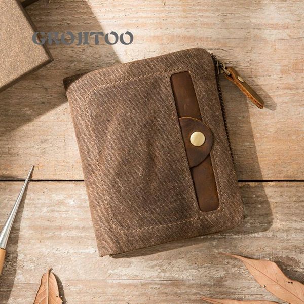 

leather zipper layer men's wallet crazy horse short canvas cowhide hand made art customized wallets, Red;black