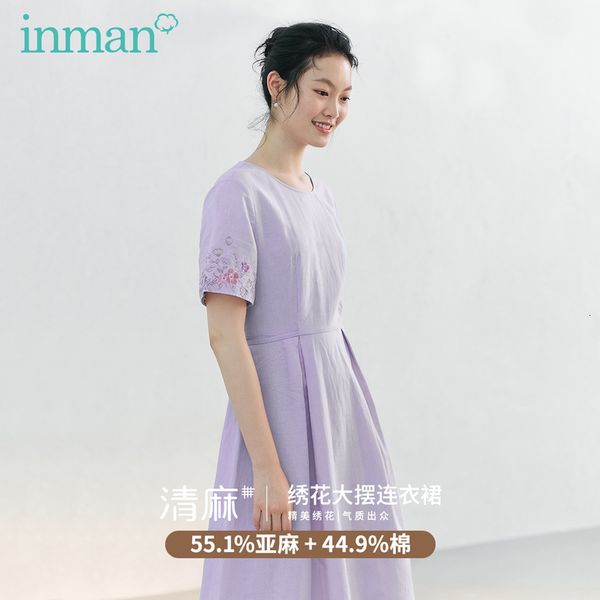

dress women's elegant breathable cotton linen simple round neck embroidered back lace up dress 6jas, Black;gray