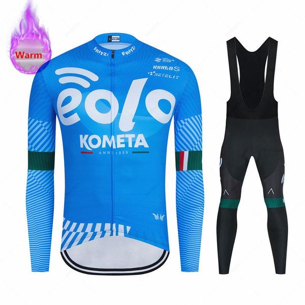 

racing sets eolo kometa thermal fleece cycling jersey set clothing bib shorts bike ropa ciclismo hombre kit, Black;blue