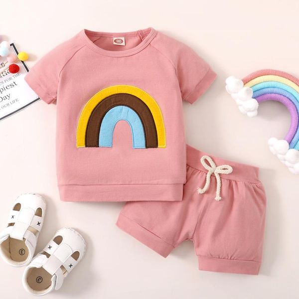 

clothing sets toddler baby girl rainbow t shirt short sleeved 0-neck solid shorts outfits summer kids infant clothes 2021, White