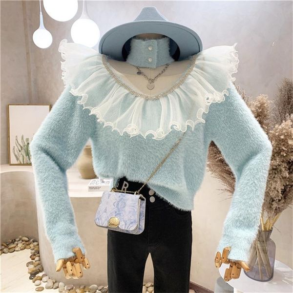 

women's sweaters clothing 2021 autumn winter ruffle stitching knit sweater long sleeve short bottoming shirt, White;black