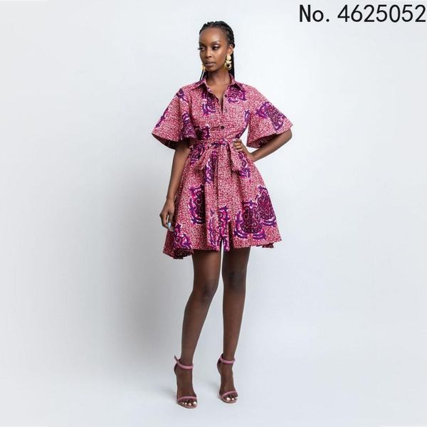 

ethnic clothing trumpet short-sleeved dress african plus size women's lapel single-breasted digital printing fashion casual short 2021, Red