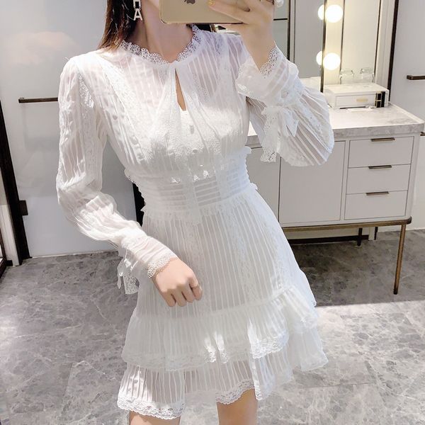 

zawfl autumn elegant long sleeve bow lace stitching dress women fashion ladies pleated cake party 210525, Black;gray