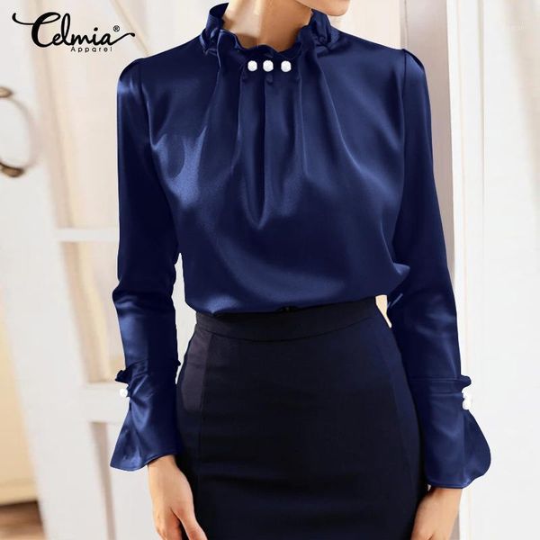 

women's blouses & shirts celmia women elegant office satin long sleeve silk shirt pearl stand collar female solid casual blusas plus si, White
